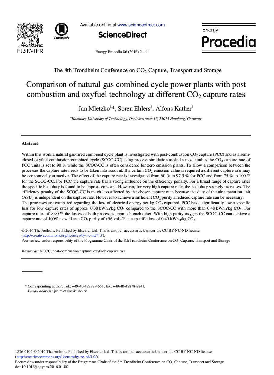 Comparison of Natural Gas Combined Cycle Power Plants with Post Combustion and Oxyfuel Technology at Different CO2 Capture Rates 