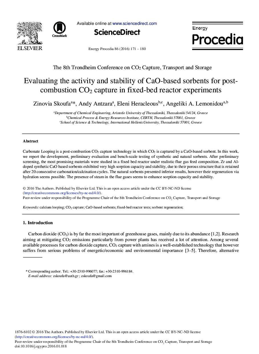 Evaluating the Activity and Stability of CaO-based Sorbents for Post-combustion CO2 Capture in Fixed-bed Reactor Experiments 
