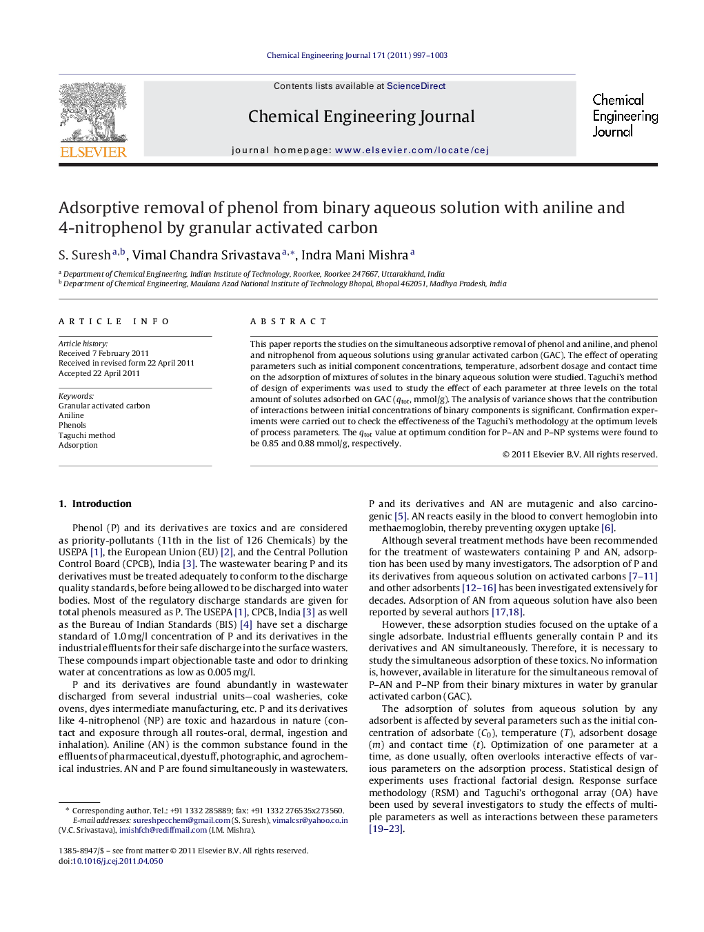 Adsorptive removal of phenol from binary aqueous solution with aniline and 4-nitrophenol by granular activated carbon