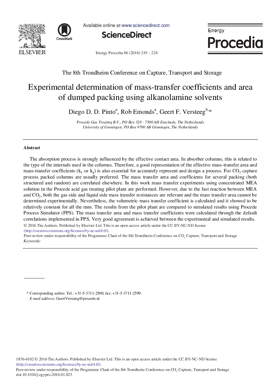 Experimental Determination of Mass-transfer Coefficients and Area of Dumped Packing Using Alkanolamine Solvents 