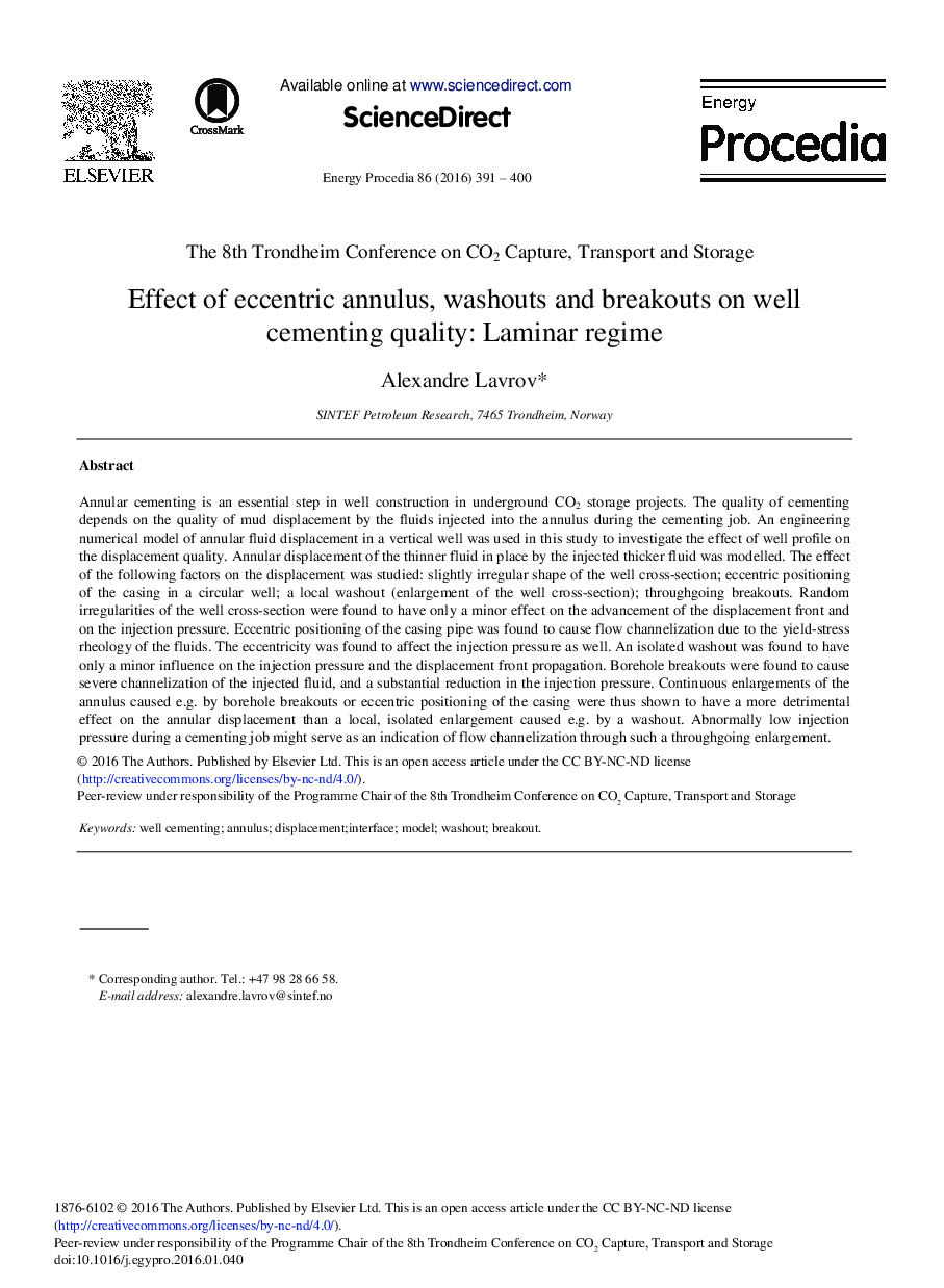 Effect of Eccentric Annulus, Washouts and Breakouts on Well Cementing Quality: Laminar Regime 