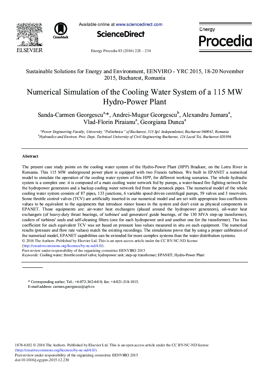 Numerical Simulation of the Cooling Water System of a 115 MW Hydro-Power Plant 