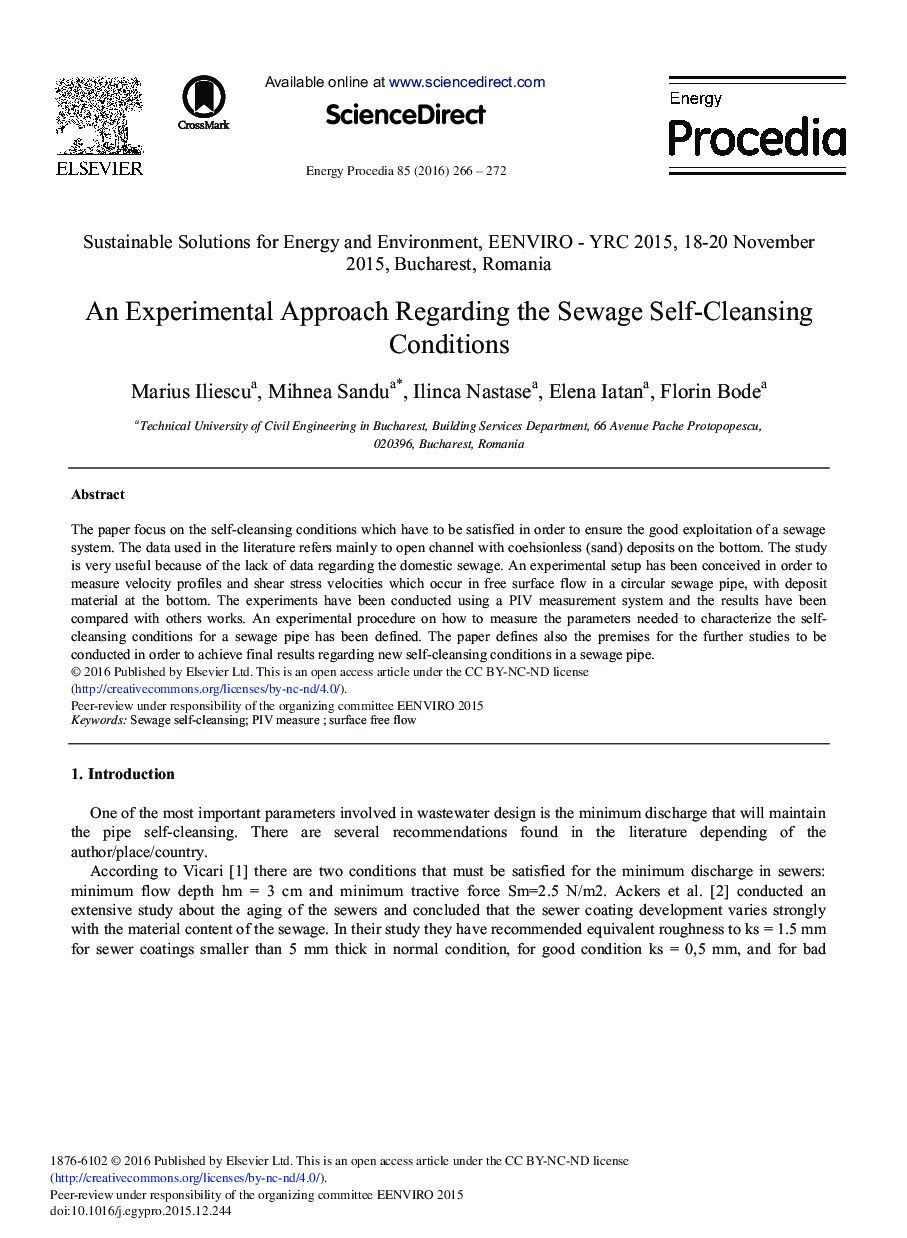 An Experimental Approach Regarding the Sewage Self-Cleansing Conditions 