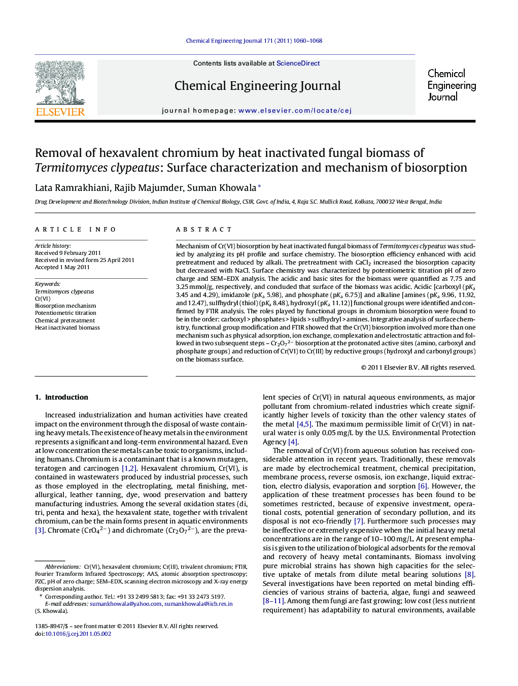 Removal of hexavalent chromium by heat inactivated fungal biomass of Termitomyces clypeatus: Surface characterization and mechanism of biosorption