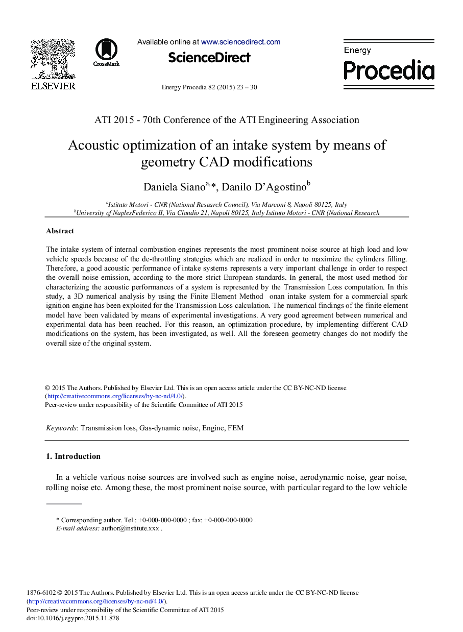 Acoustic Optimization of an Intake System by Means of Geometry CAD Modifications 