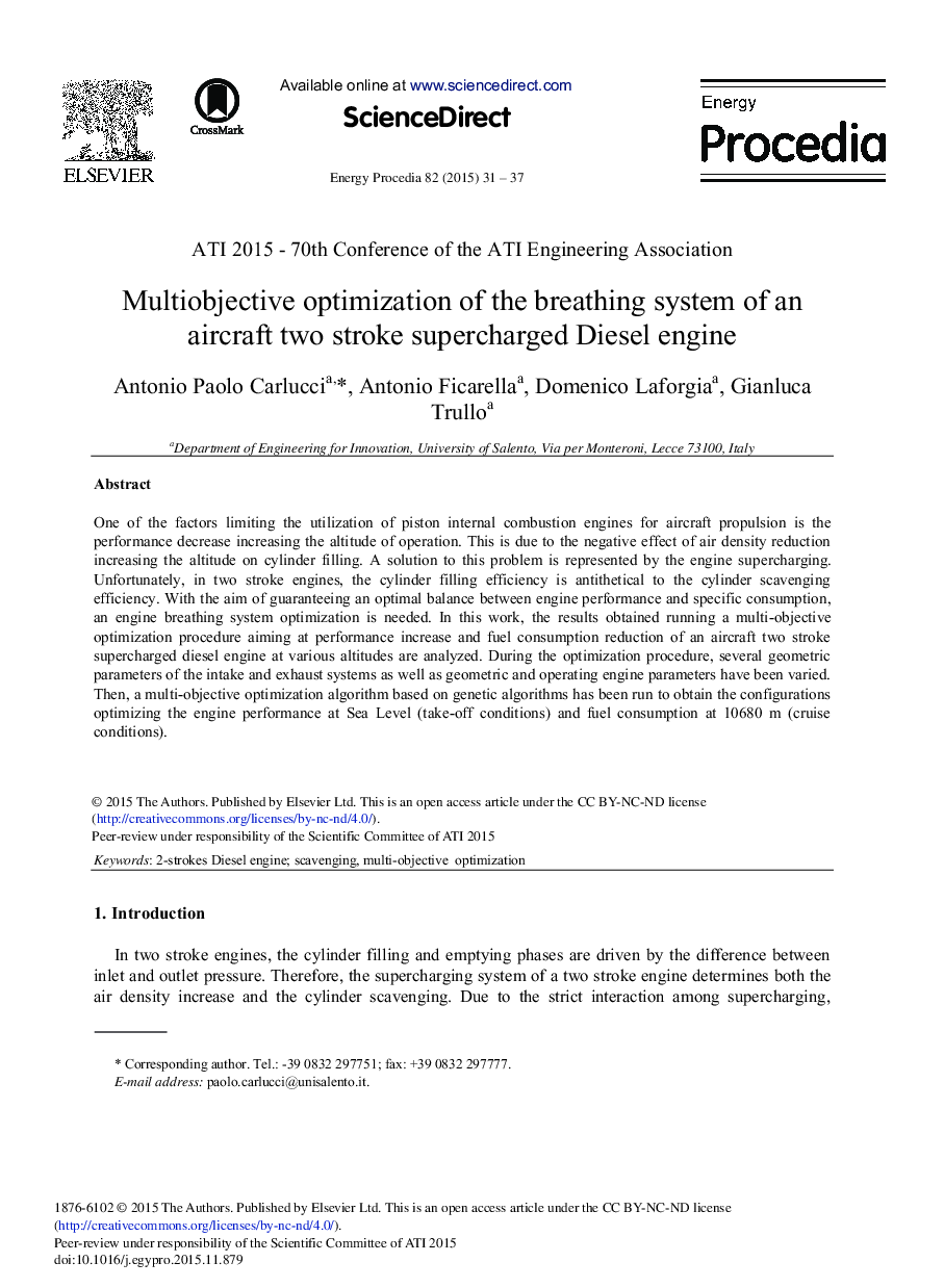 Multiobjective Optimization of the Breathing System of an Aircraft two Stroke Supercharged Diesel Engine 