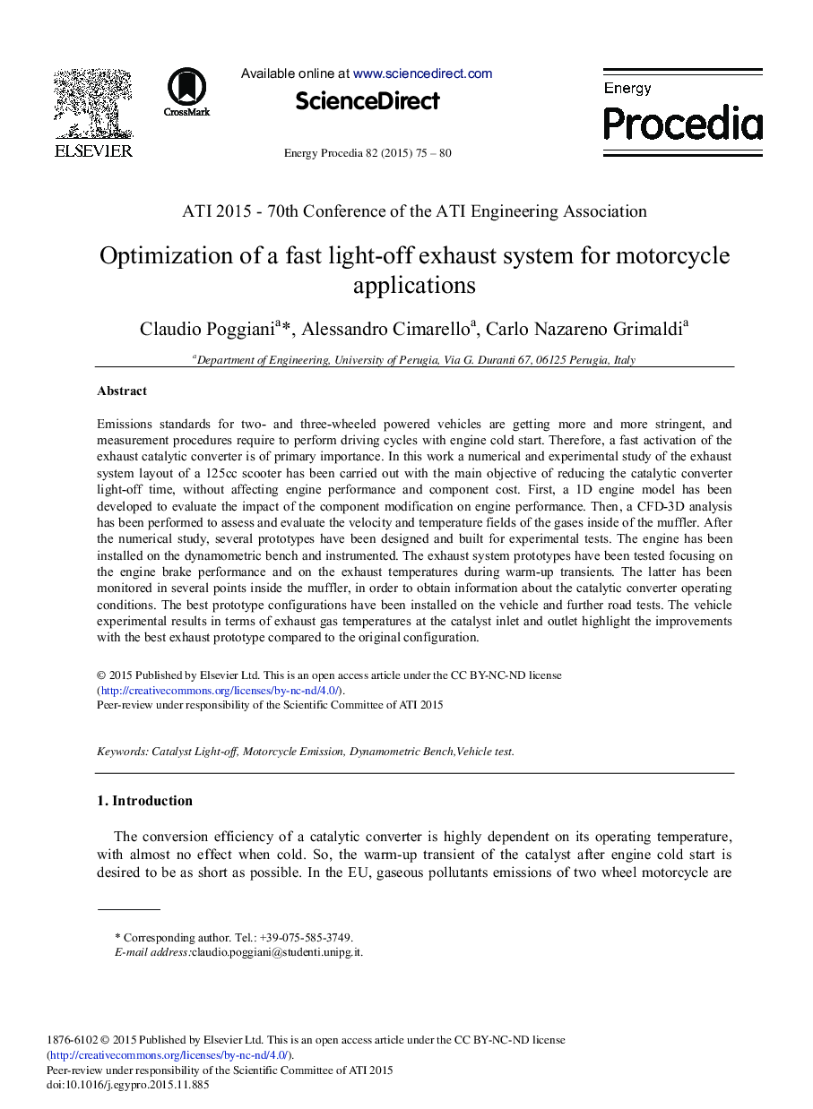 Optimization of a Fast Light-off Exhaust System for Motorcycle Applications 