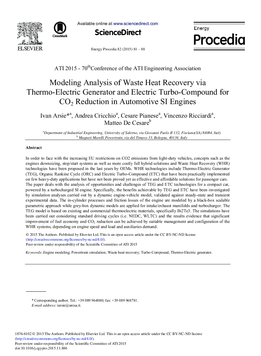 Modeling Analysis of Waste Heat Recovery via Thermo-Electric Generator and Electric Turbo-Compound for CO2 Reduction in Automotive SI Engines 
