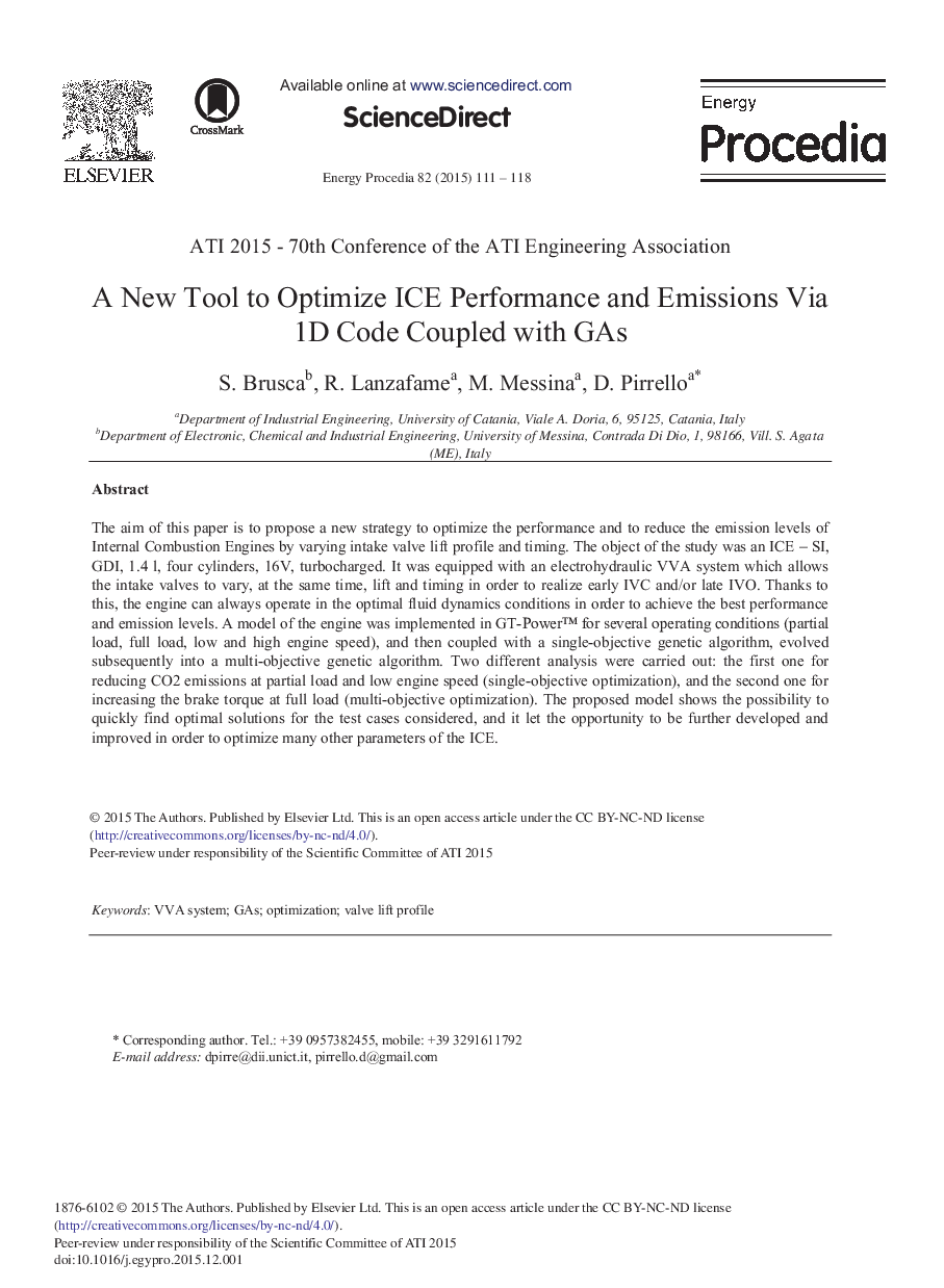 A New Tool to Optimize ICE Performance and Emissions Via 1D Code Coupled with GAs 
