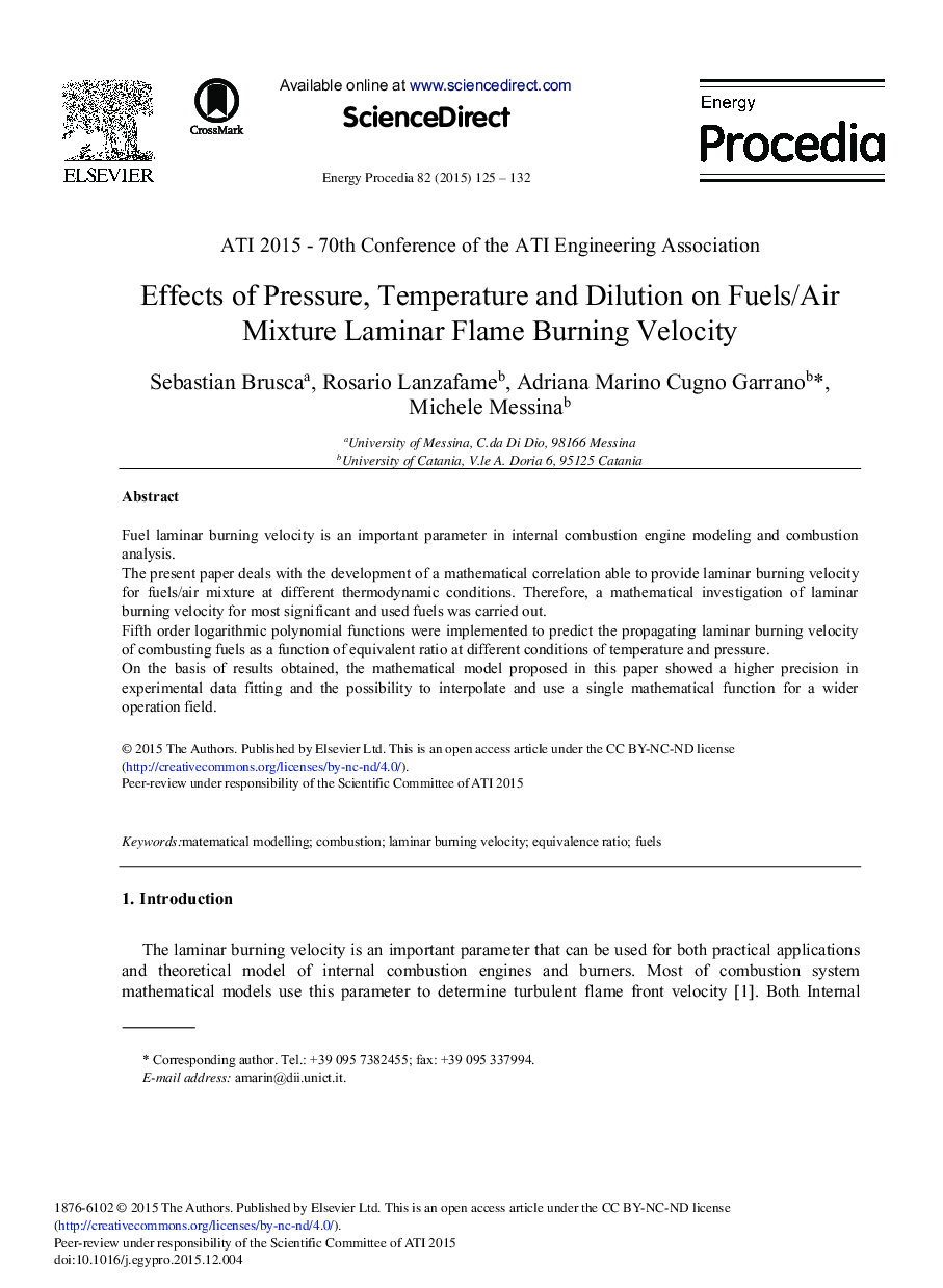 Effects of Pressure, Temperature and Dilution on Fuels/Air Mixture Laminar Flame Burning Velocity 