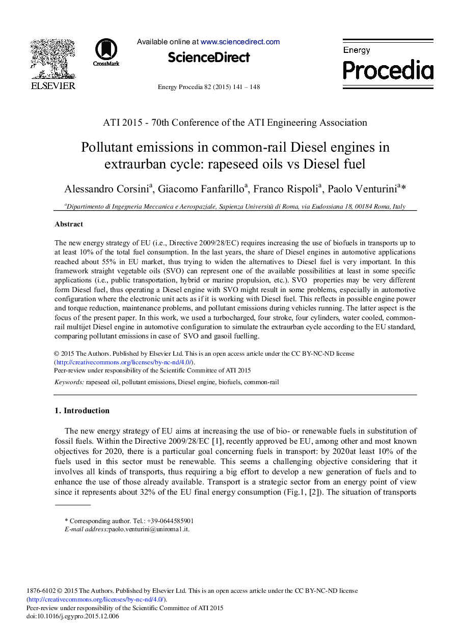 Pollutant Emissions in Common-rail Diesel Engines in Extraurban Cycle: Rapeseed Oils vs Diesel Fuel 