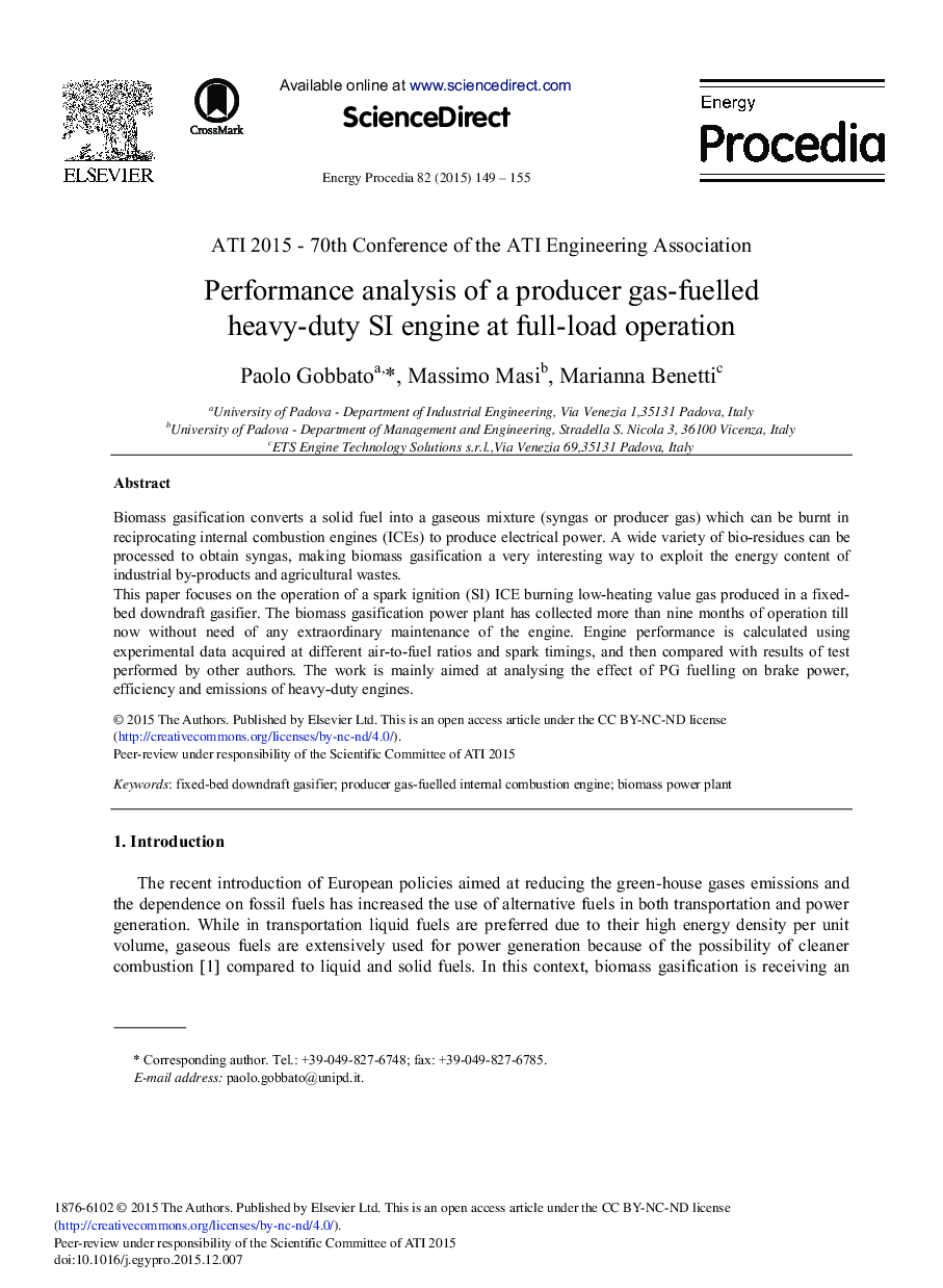Performance Analysis of a Producer Gas-fuelled Heavy-duty SI Engine at Full-load Operation 