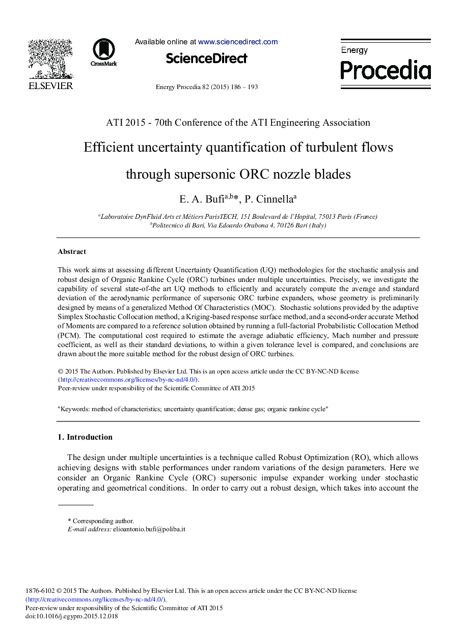 عکس صفحه اول مقاله: Efficient Uncertainty Quantification of Turbulent Flows through Supersonic ORC Nozzle Blades Efficient Uncertainty Quantification of Turbulent Flows through Supersonic ORC Nozzle Blades
