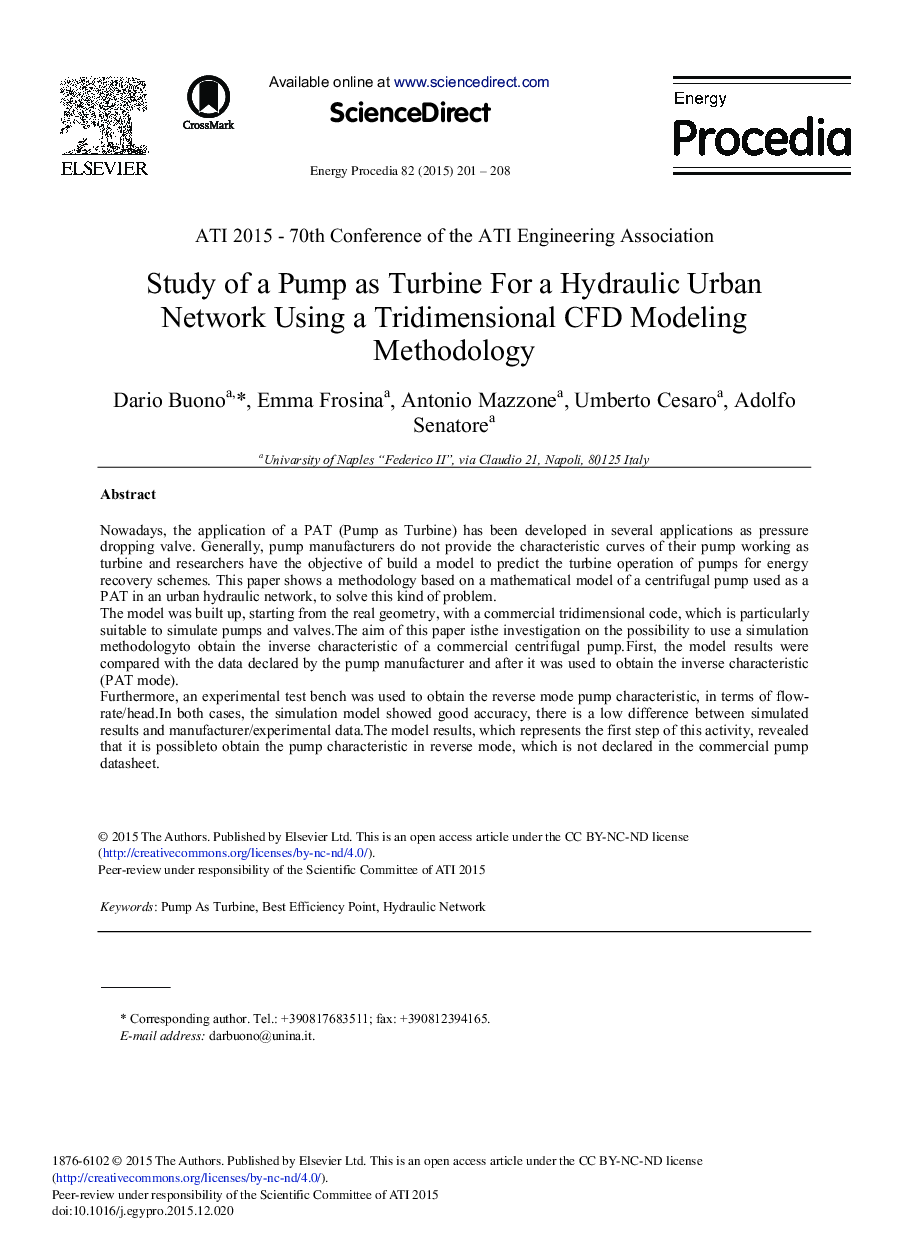 Study of a Pump as Turbine for a Hydraulic Urban Network Using a Tridimensional CFD Modeling Methodology 