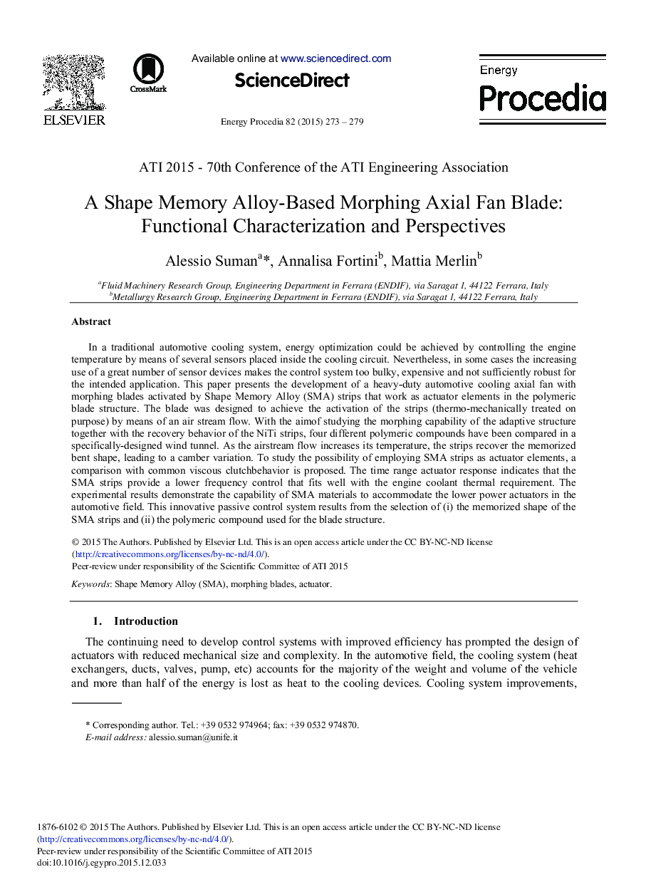 A Shape Memory Alloy-based Morphing Axial Fan Blade: Functional Characterization and Perspectives 