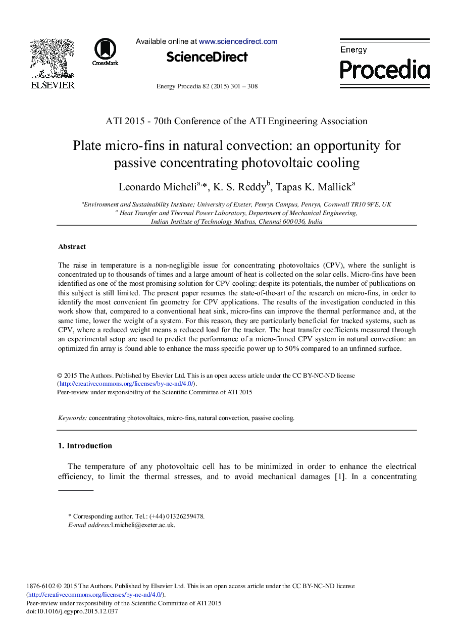 Plate Micro-fins in Natural Convection: An Opportunity for Passive Concentrating Photovoltaic Cooling 