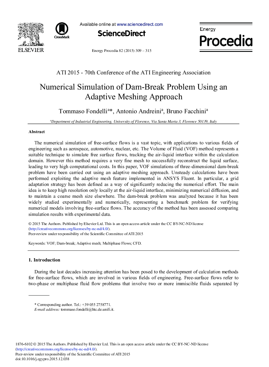 Numerical Simulation of Dam-Break Problem Using an Adaptive Meshing Approach 