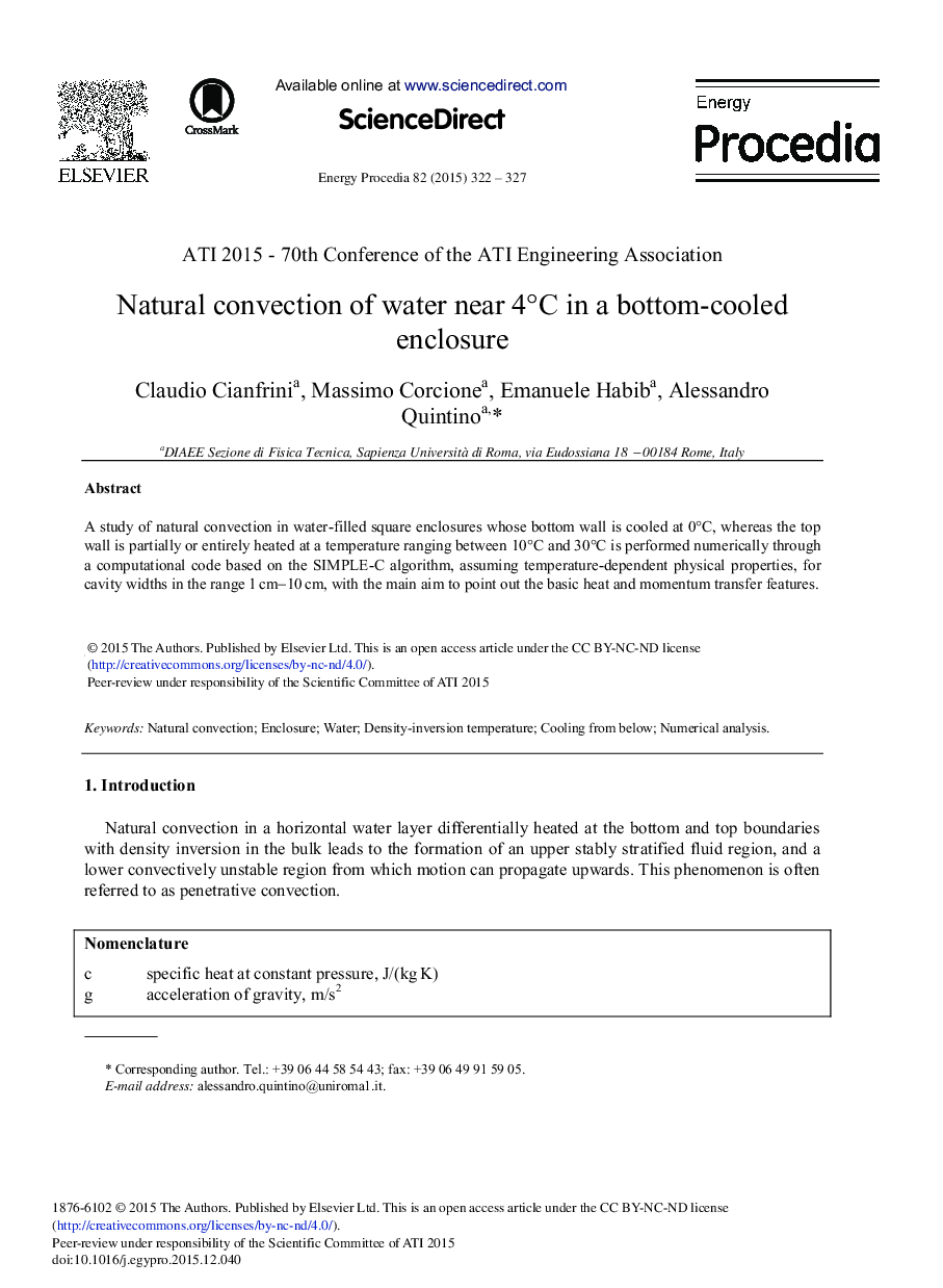 Natural Convection of Water Near 4°C in a Bottom-cooled Enclosure 