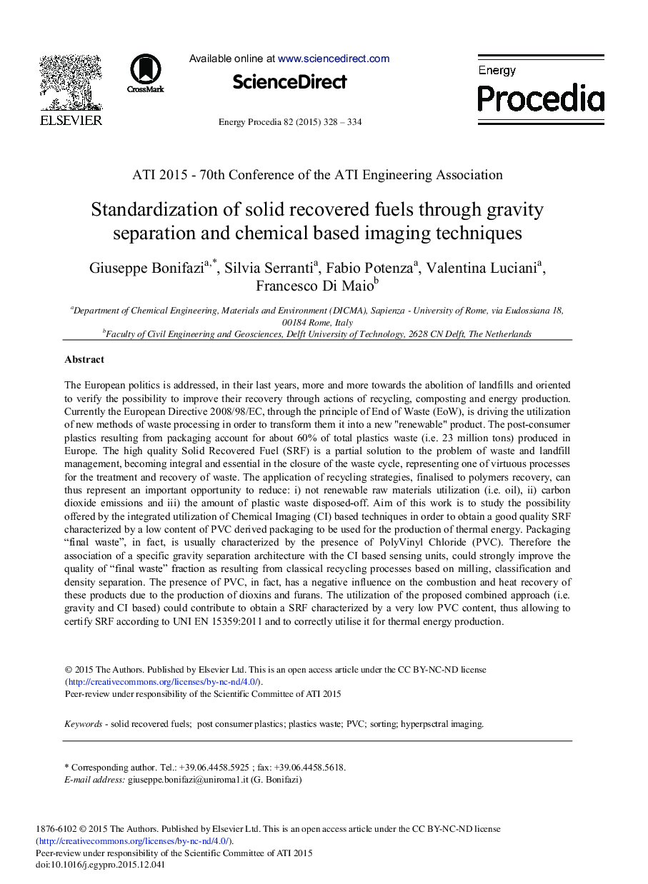 عکس صفحه اول مقاله: Standardization of Solid Recovered Fuels through Gravity Separation and Chemical Based Imaging Techniques Standardization of Solid Recovered Fuels through Gravity Separation and Chemical Based Imaging Techniques