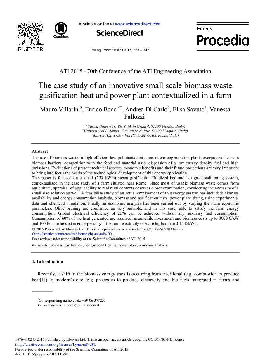 The Case Study of an Innovative Small Scale Biomass Waste Gasification Heat and Power Plant Contextualized in a Farm 