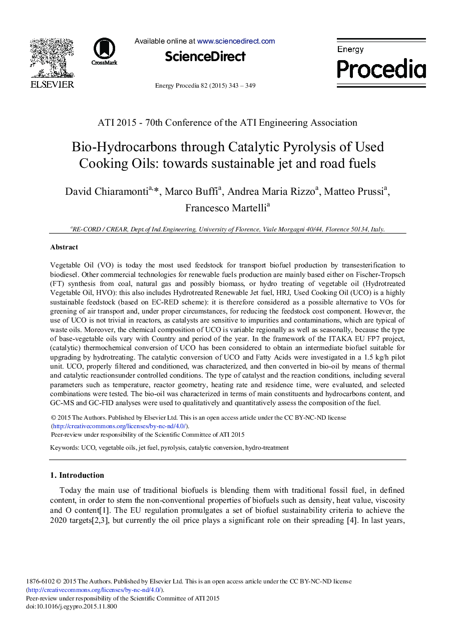 Bio-Hydrocarbons through Catalytic Pyrolysis of Used Cooking Oils: Towards Sustainable Jet and Road Fuels 