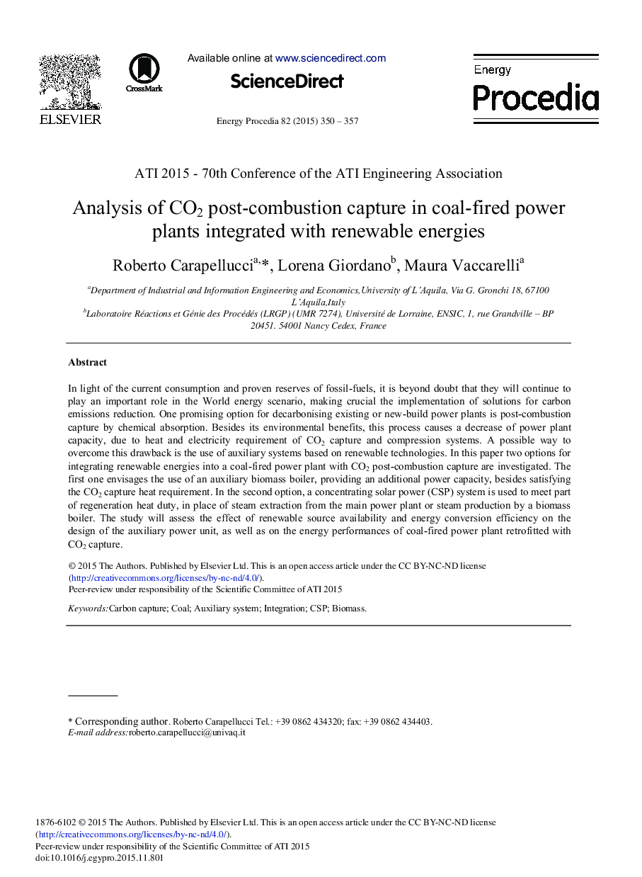 Analysis of CO2 Post-combustion Capture in Coal-fired Power Plants Integrated with Renewable Energies 