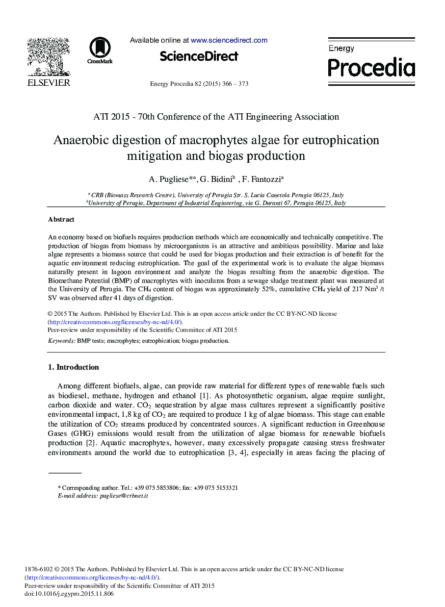 Anaerobic Digestion of Macrophytes Algae for Eutrophication Mitigation and Biogas Production 