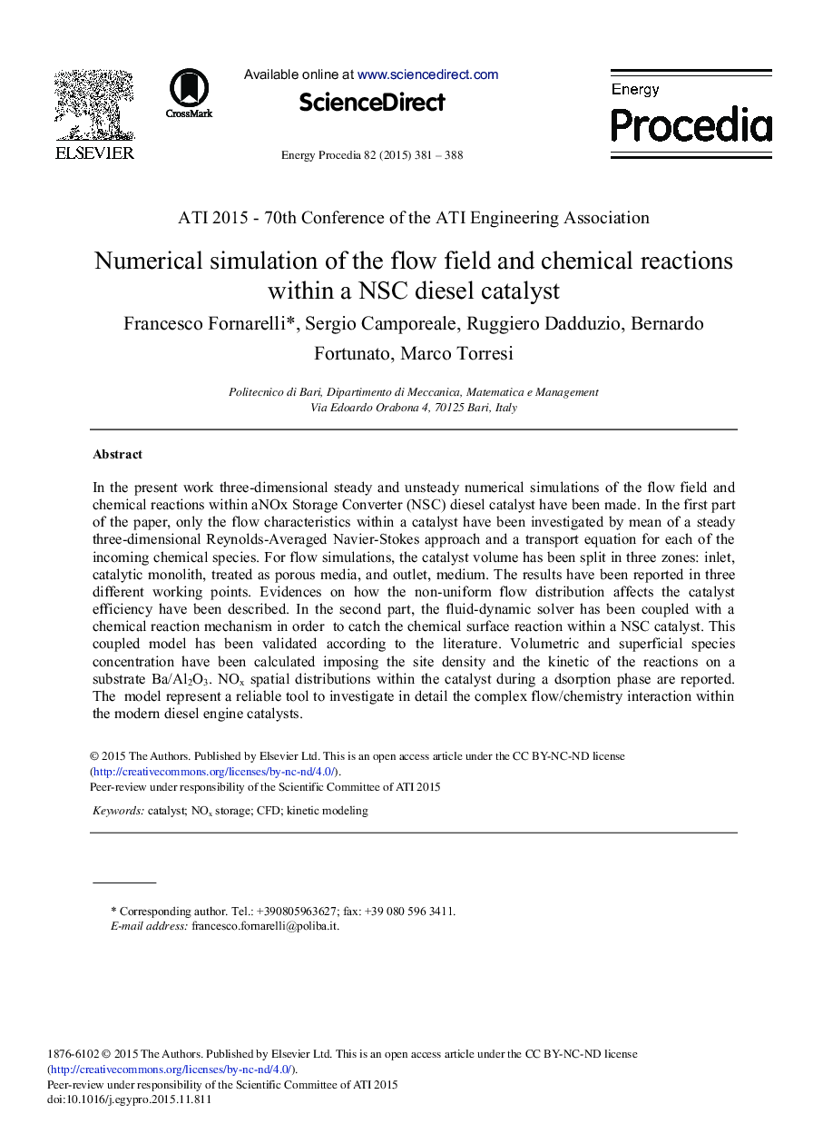 Numerical Simulation of the Flow Field and Chemical Reactions within a NSC Diesel Catalyst 