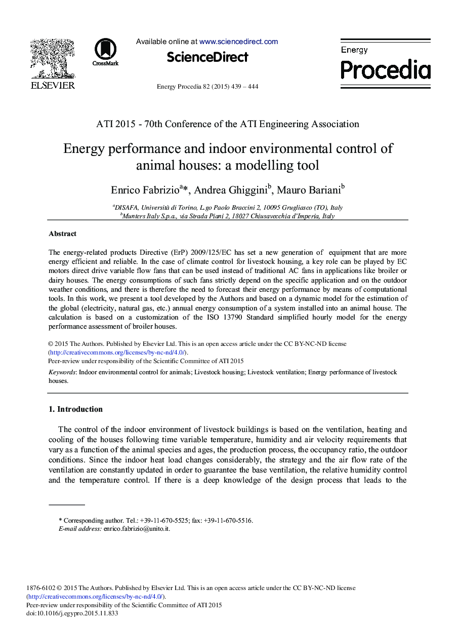 Energy Performance and Indoor Environmental Control of Animal Houses: A Modelling Tool 