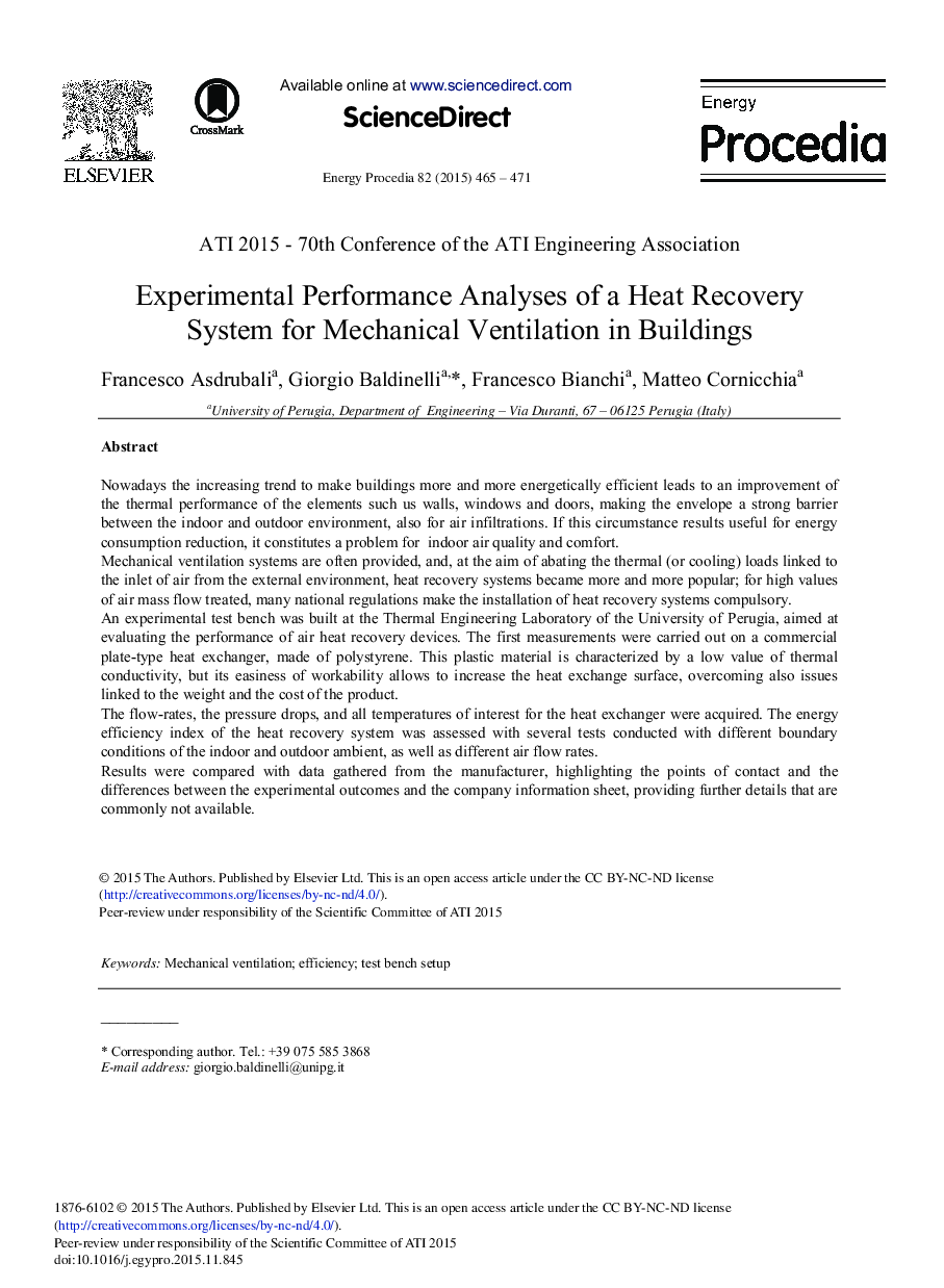 عکس صفحه اول مقاله: Experimental Performance Analyses of a Heat Recovery System for Mechanical Ventilation in Buildings Experimental Performance Analyses of a Heat Recovery System for Mechanical Ventilation in Buildings