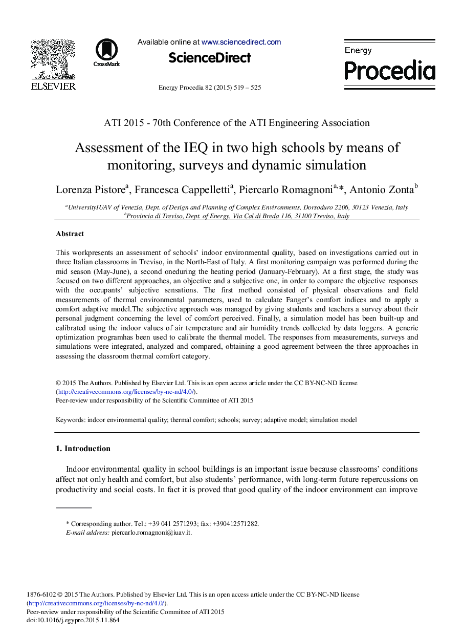 Assessment of the IEQ in Two High Schools by Means of Monitoring, Surveys and Dynamic Simulation 