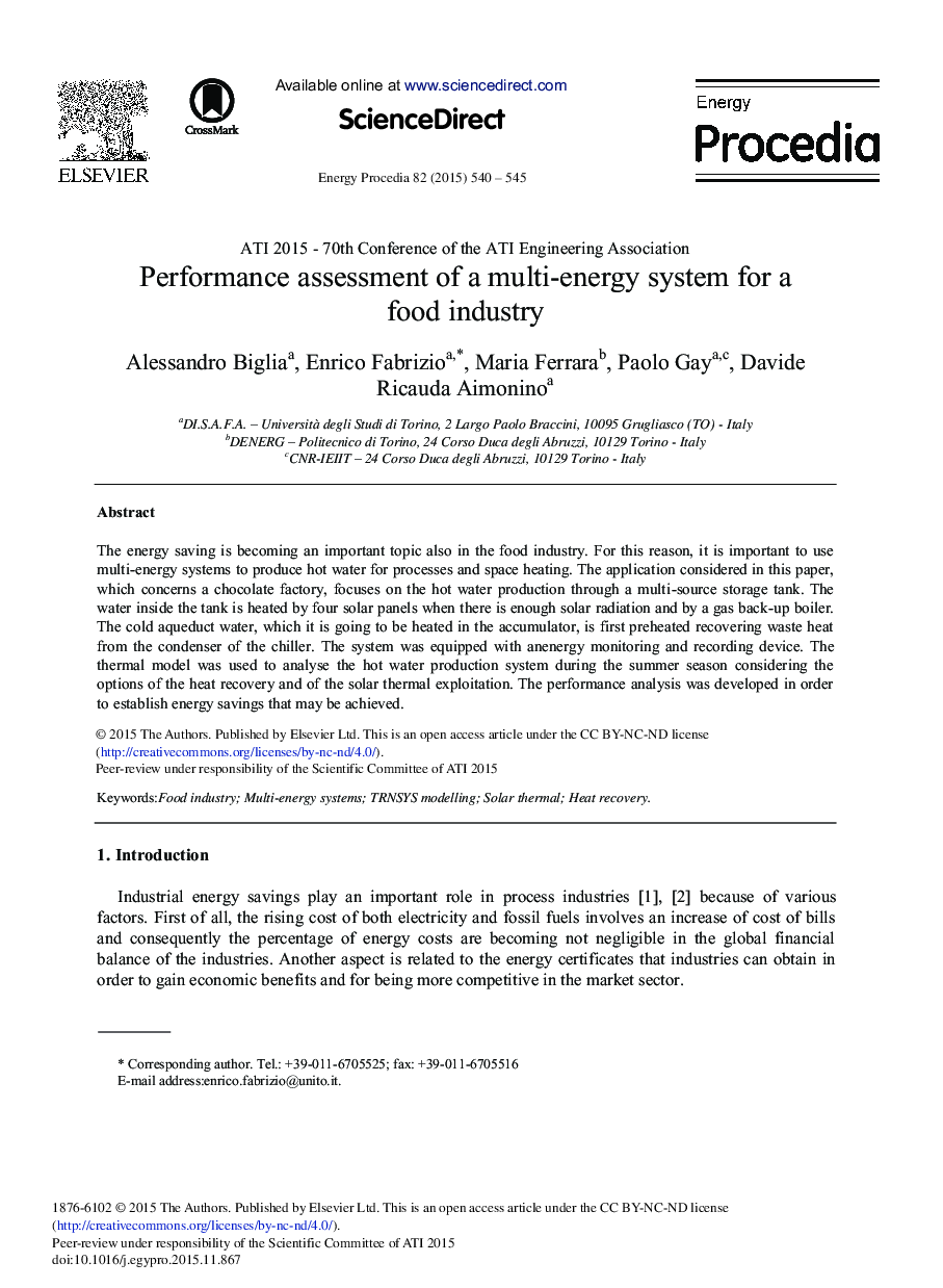 Performance Assessment of a Multi-energy System for a Food Industry 