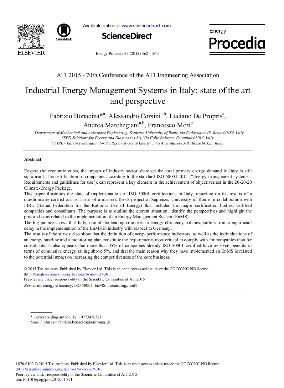 Industrial Energy Management Systems in Italy: State of the Art and Perspective 