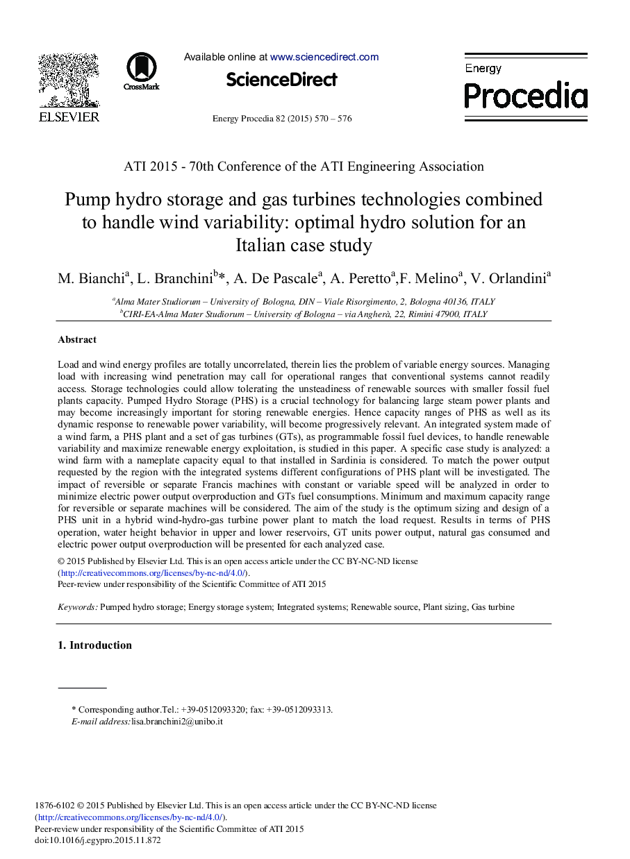 Pump Hydro Storage and Gas Turbines Technologies Combined to Handle Wind Variability: Optimal Hydro Solution for an Italian Case Study 