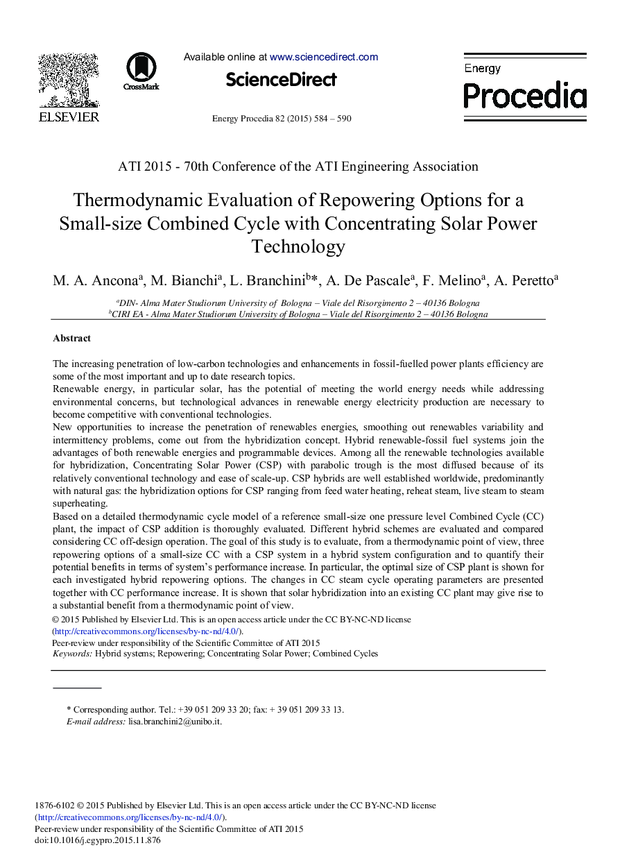 Thermodynamic Evaluation of Repowering Options for a Small-size Combined Cycle with Concentrating Solar Power Technology 