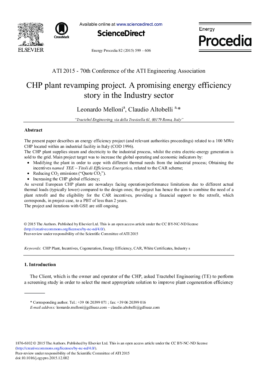 CHP Plant Revamping Project. A Promising Energy Efficiency Story in the Industry Sector 