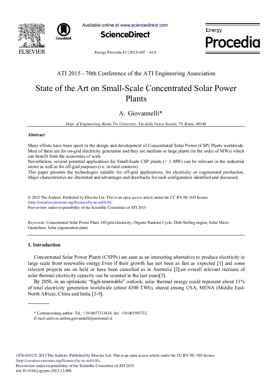 State of the Art on Small-Scale Concentrated Solar Power Plants 