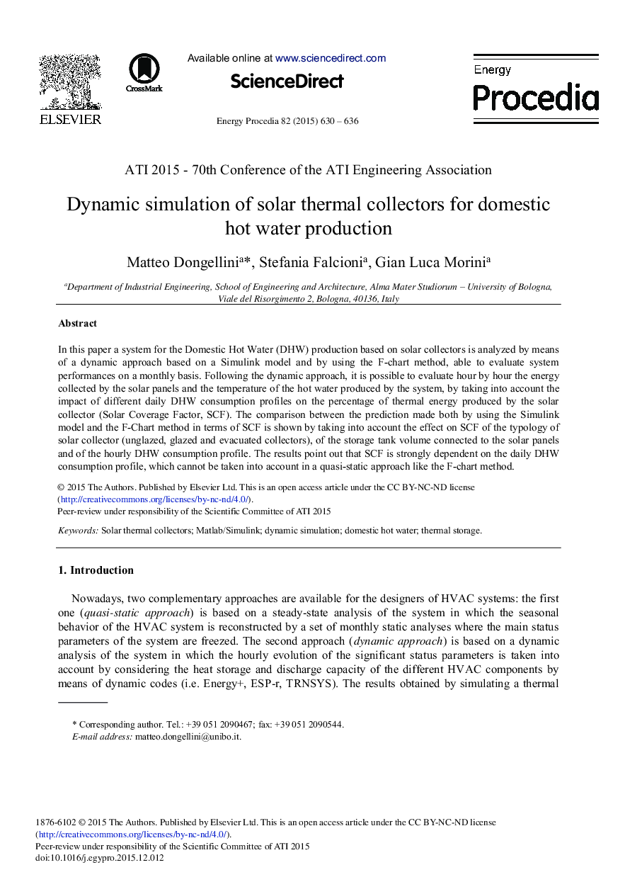 Dynamic Simulation of Solar Thermal Collectors for Domestic Hot Water Production 