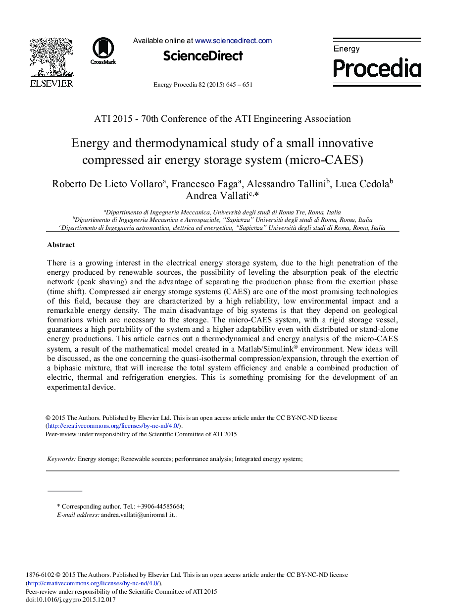 Energy and Thermodynamical Study of a Small Innovative Compressed Air Energy Storage System (micro-CAES) 