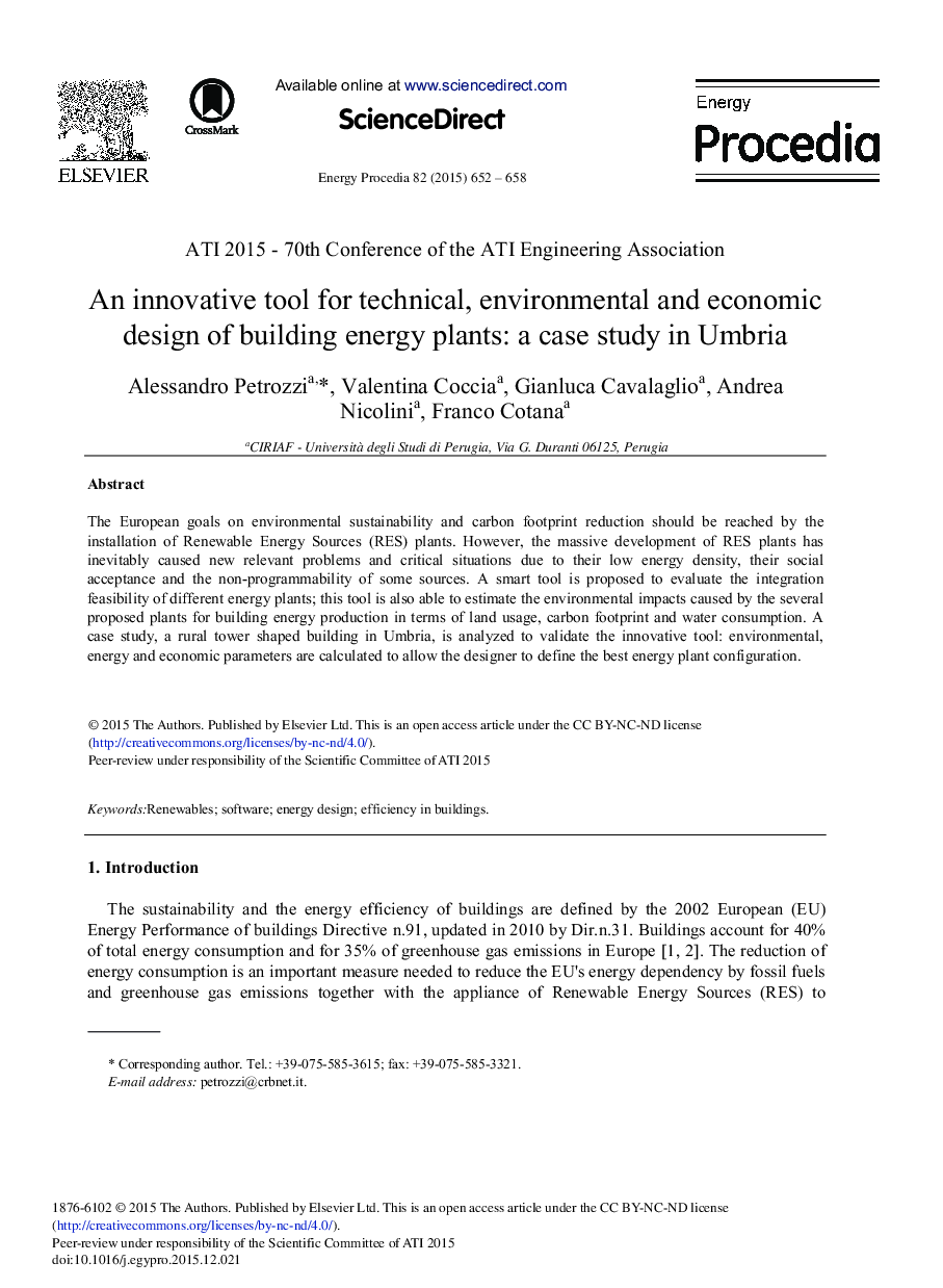 An Innovative Tool for Technical, Environmental and Economic Design of Building Energy Plants: A Case Study in Umbria 