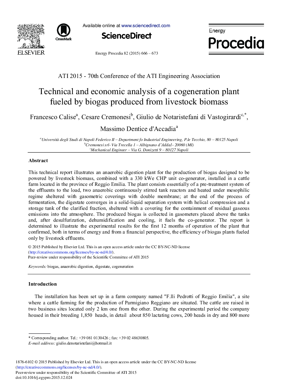 Technical and Economic Analysis of a Cogeneration Plant Fueled by Biogas Produced From Livestock Biomass 