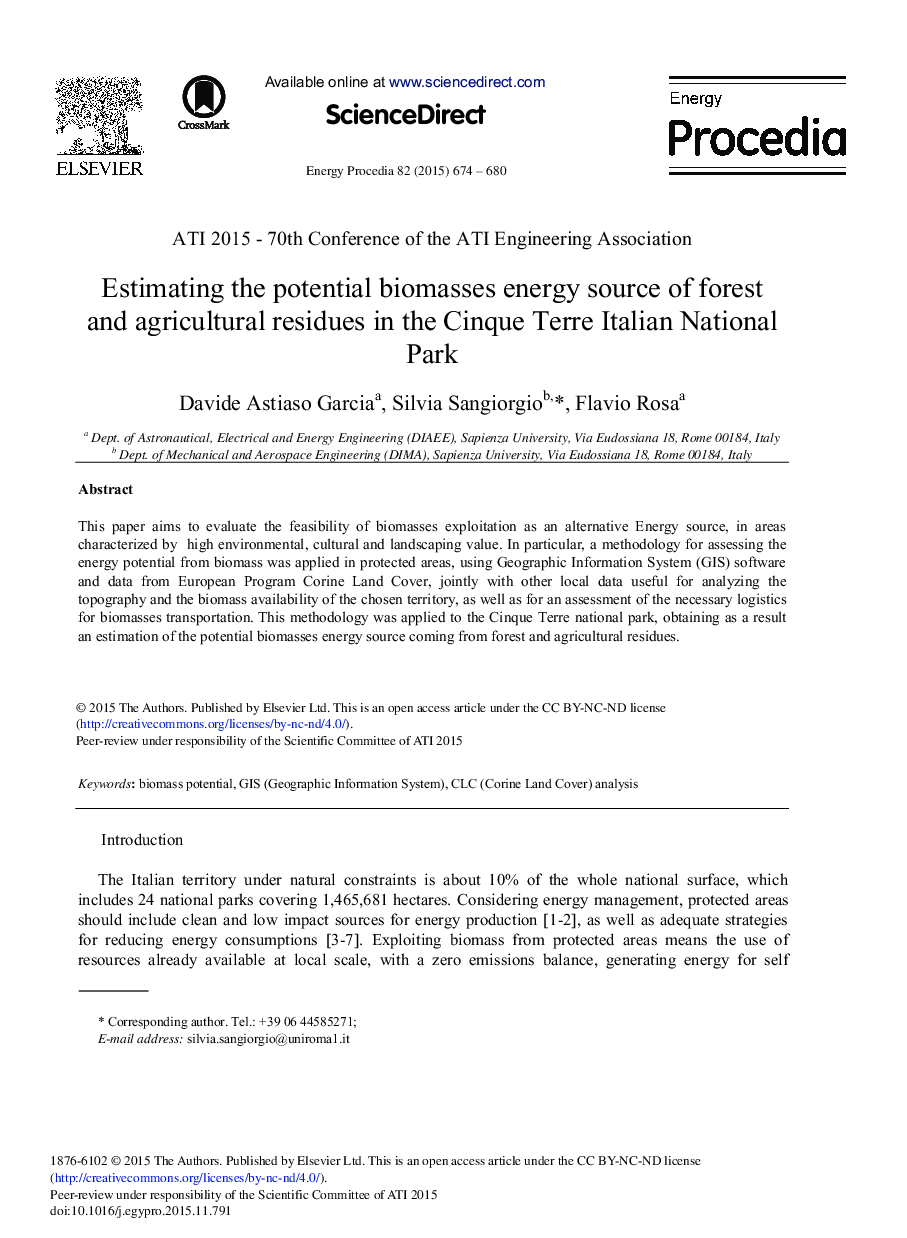Estimating the Potential Biomasses Energy Source of Forest and Agricultural Residues in the Cinque Terre Italian National Park 