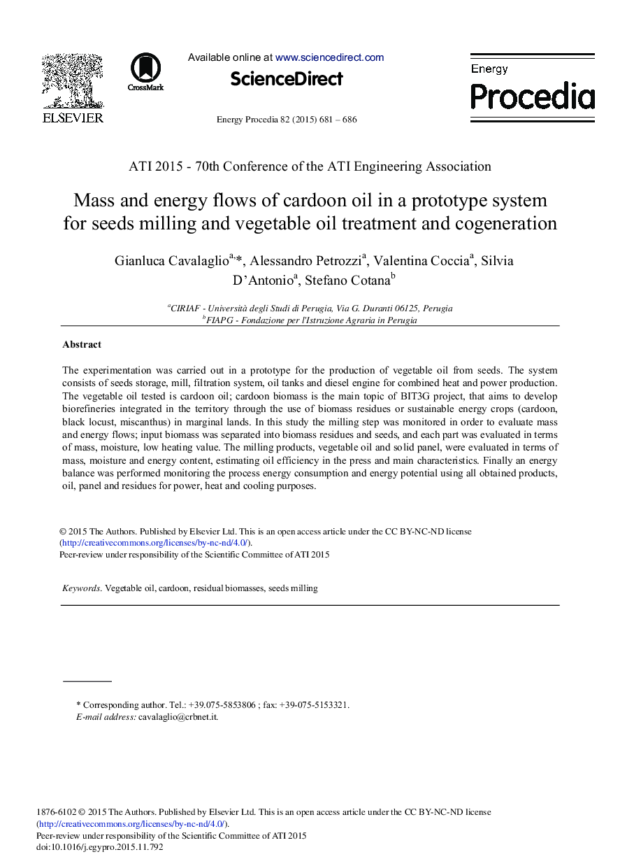 Mass and Energy Flows of Cardoon Oil in a Prototype System for Seeds Milling and Vegetable Oil Treatment and Cogeneration 