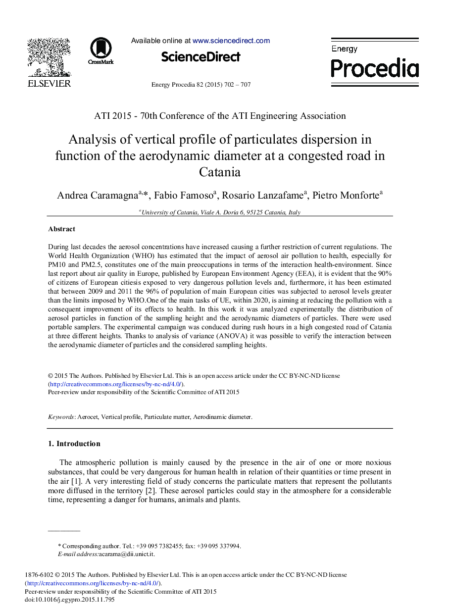 Analysis of Vertical Profile of Particulates Dispersion in Function of the Aerodynamic Diameter at a Congested Road in Catania 