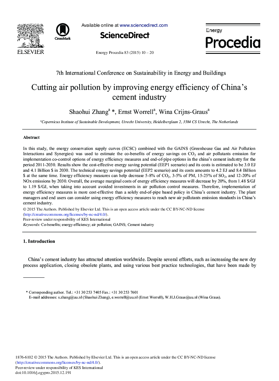 Cutting air Pollution by Improving Energy Efficiency of China's Cement Industry 