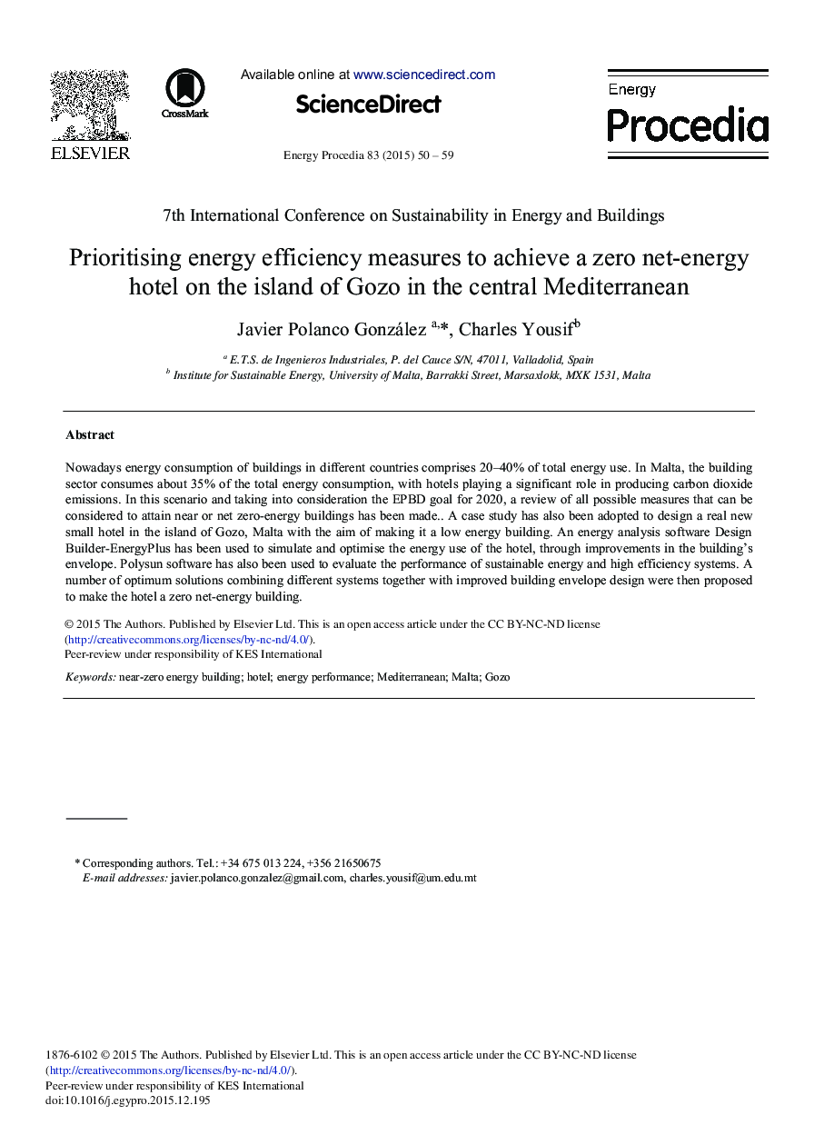 Prioritising Energy Efficiency Measures to Achieve a Zero Net-energy Hotel on the Island of Gozo in the Central Mediterranean 