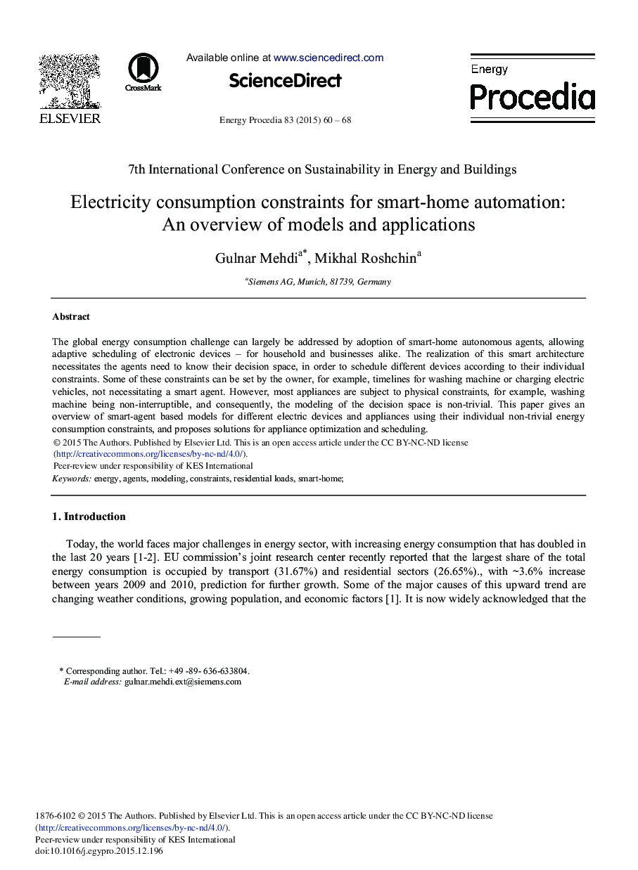 Electricity Consumption Constraints for Smart-home Automation: An Overview of Models and Applications 