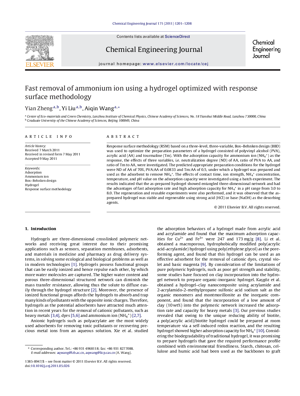 Fast removal of ammonium ion using a hydrogel optimized with response surface methodology