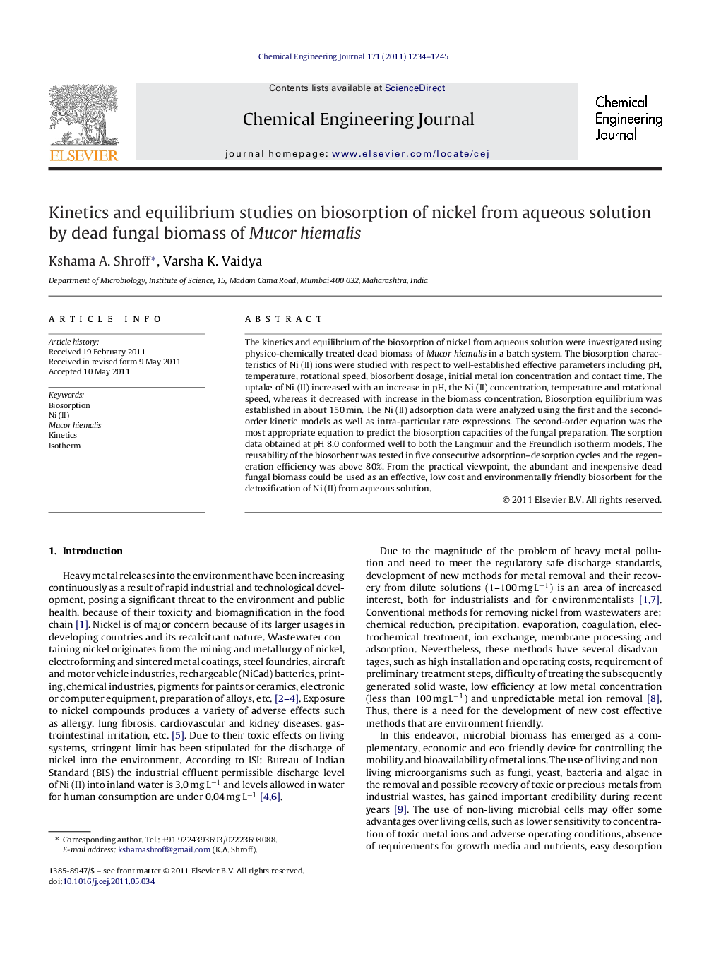 عکس صفحه اول مقاله: Kinetics and equilibrium studies on biosorption of nickel from aqueous solution by dead fungal biomass of Mucor hiemalis Kinetics and equilibrium studies on biosorption of nickel from aqueous solution by dead fungal biomass of Mucor hiemalis