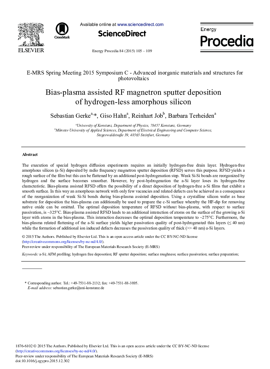 Bias-plasma Assisted RF Magnetron Sputter Deposition of Hydrogen-less Amorphous Silicon 